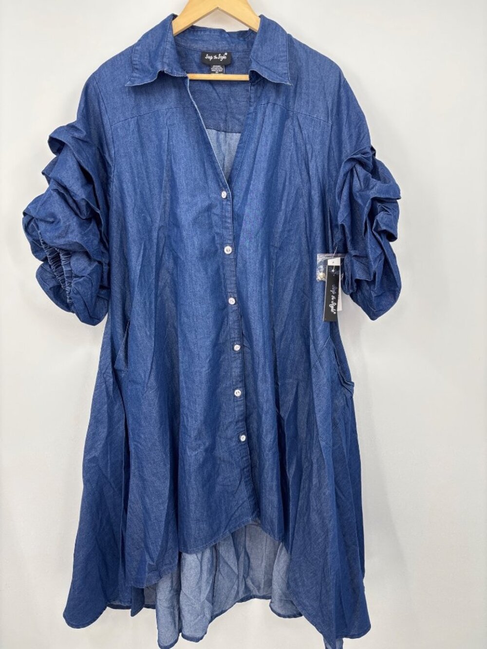 Step In Style Denim Puff Sleeve Hi Lo Jean Dress Rhinestone Button Size 2X NEW